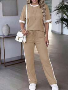 Conjunto de 2 piezas para mujer de primavera/verano, top de manga corta de cuello redondo y contraste de color casual y versátil, y pantalones rectos de cintura alta con cordón - Caqui 16 - Ver 6