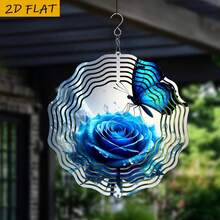 1pc Blue Butterfly & Glowing Blue Rose Metal Windmill - 10 Inch Round Double-Sided Garden Art With Rotating Hook, 360° DIY Creative Dynamic Outdoor Decor For Yard And Lawn, Butterfly Decor (Pendant Not Included), Random Style - A - View 3