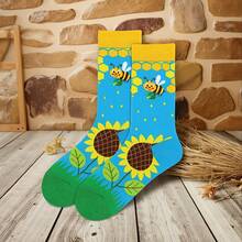 1 Pair Men's Fresh Blue-Green Contrast Color Bee Pattern Socks, Creative Design Mid-Calf Socks, Unisex Bee & Sunflower Cartoon Mid-Calf Socks, Funny Print Versatile Cotton Socks, Suitable For All Seasons - Multicolor - View 4