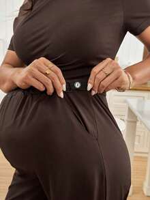 2 piezas Conjunto de top asimétrico y pantalones de unicolor casual de maternidad, verano - Marrón - Ver 5