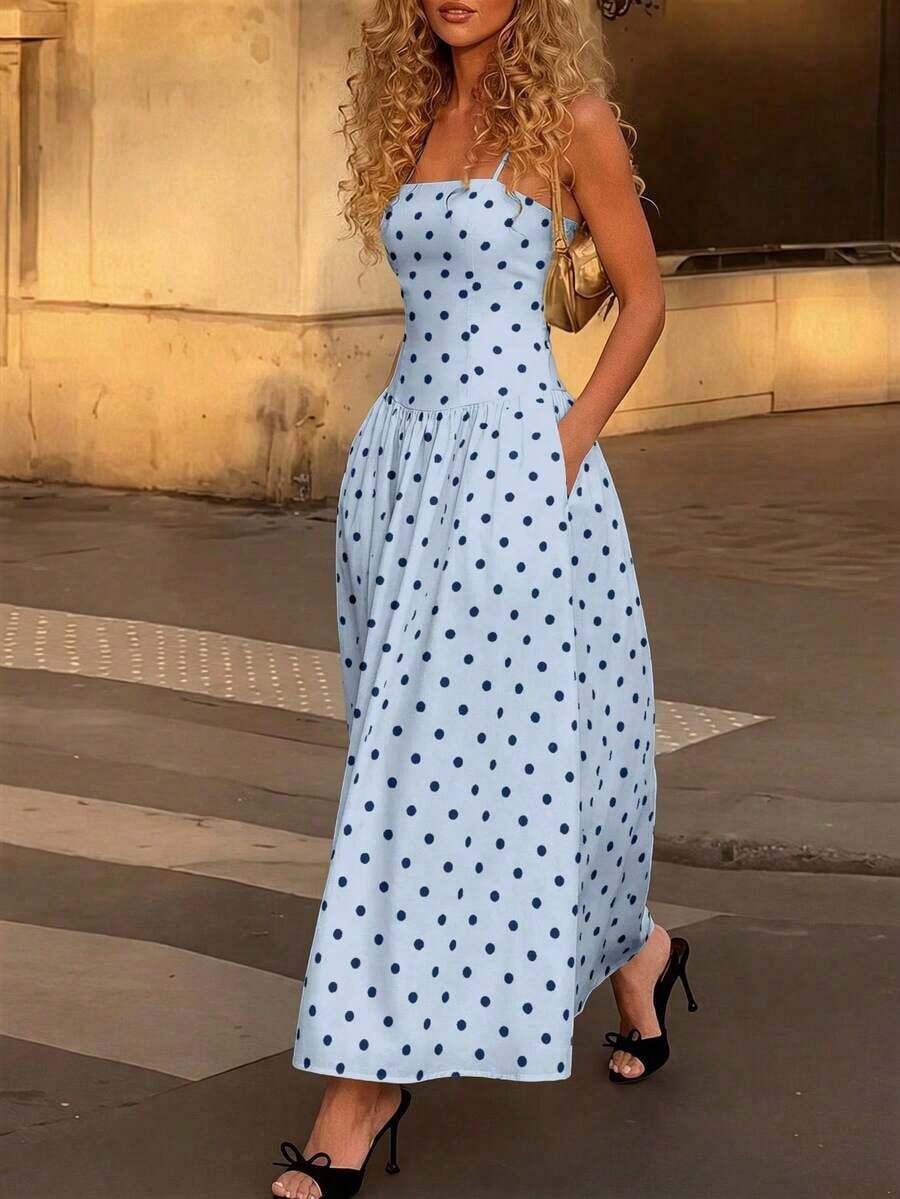 2026 Nuevo vestido elegante, sexy y casual de primavera/verano para vacaciones, fiestas de té, festivales de música country, con volantes en la cintura, tirantes a lunares, color blanco - Azul - Ver 1