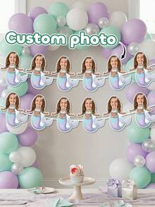 7/14/21pcs Customized Mermaid Theme Face Photo Banner, Personalized Birthday Party Backdrop Wall Hanging, Underwater Scene Happy Birthday Party Decoration, Birthday Gift - Blue - View 3