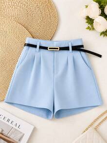 Women's Tailored High-Waisted Shorts + Belt With Gold Buckle - 淺藍色 - 查看 3