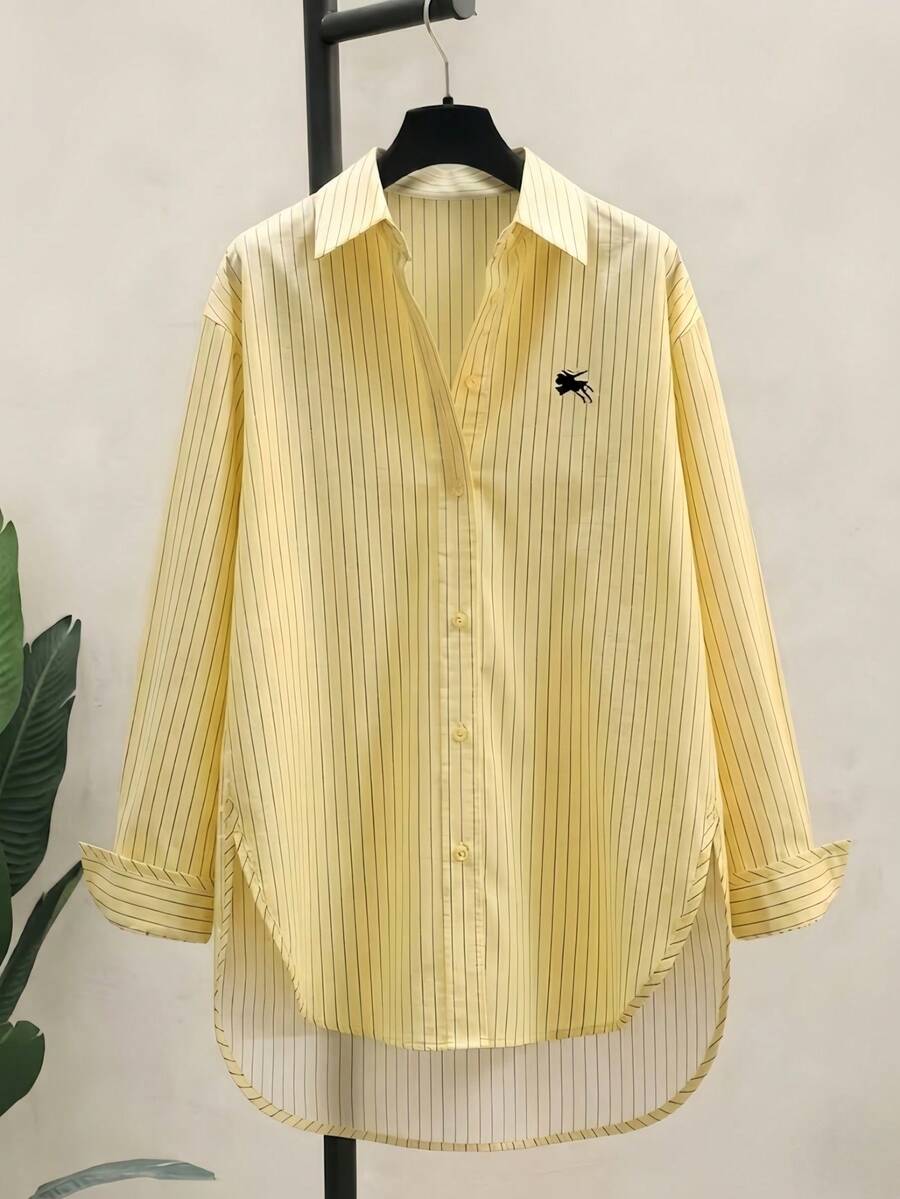 Women's Striped Button Down Shirts Long Sleeve Oversized Blouses High Low Hem Casual Work Tops Yellow - Yellow - View 1