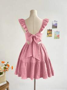 Vestido mini de mujer para vacaciones, de color caqui marrón, con textura de ramitas y hojas, de tela, con mangas de tipo gorro, espalda abierta y cintura con lazo, apto para fiesta, cita, té de la tarde, estilo bohemio, festival de música, carnaval, playa. - Rosa - Ver 1