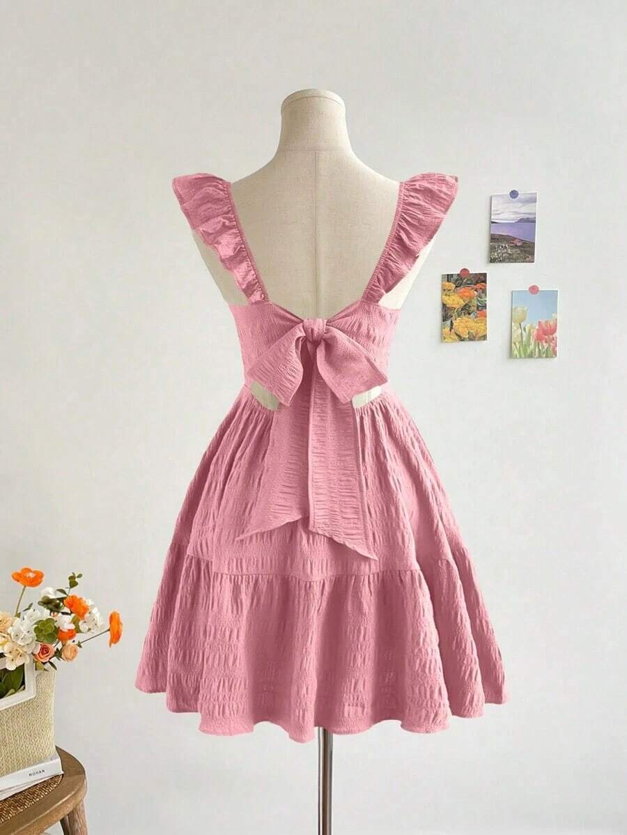 Vestido mini de mujer para vacaciones, de color caqui marrón, con textura de ramitas y hojas, de tela, con mangas de tipo gorro, espalda abierta y cintura con lazo, apto para fiesta, cita, té de la tarde, estilo bohemio, festival de música, carnaval, playa. - Rosa - Ver 1