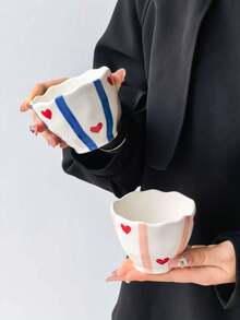 1 pieza/2 piezas Taza de café con diseño de corazón a rayas, taza de café pequeña de cerámica con corazón a rayas de estilo nórdico clásico, taza con asa de mano linda, espresso árabe, taza pequeña para entretener a invitados/amigos, té/café de tarde diario, apta para lavavajillas, reutilizable - Multicolor - View 7