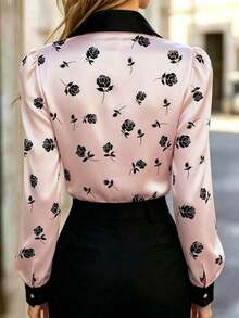 Blusa de satén con estampado de rosas para mujer, de manga larga y abotonada con cuello de lazo, de corte regular, adecuada para la oficina o uso casual en color rosa - Rosa - Ver 3