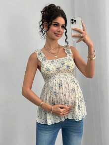 Camiseta sin mangas de línea A con volantes, tirantes anchos y recogida delantera y trasera para maternidad - Azul y blanco - Ver 6