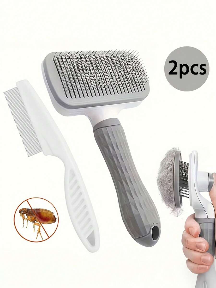 2 Pieces Pet Grooming Brush Set, Self-Cleaning Pin Brush And Flea Comb, Suitable For Cats And Dogs, For Removing Loose Hair, Tangles And Mats, Grooming Tool For Long And Short-Haired Pets Sold 82 Pieces - View 1