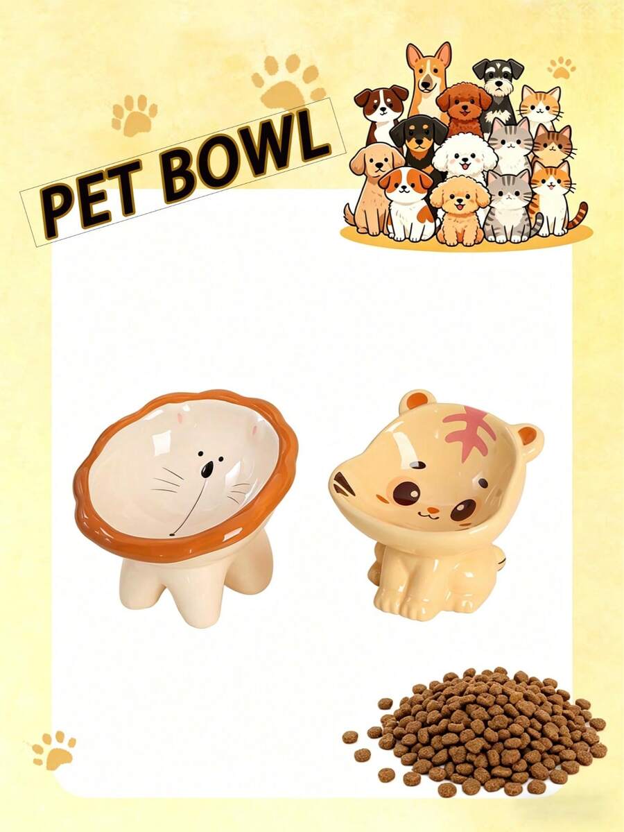 1个陶瓷宠物碗，猫粮碗，狗粮碗，宠物零食碗，小型狮虎造型宠物碗碟，宠物喂食碗，饮水碗，浅边宠物碗，高脚颈保护倾斜猫碗狗碗，猫狗食物碗宠物用品