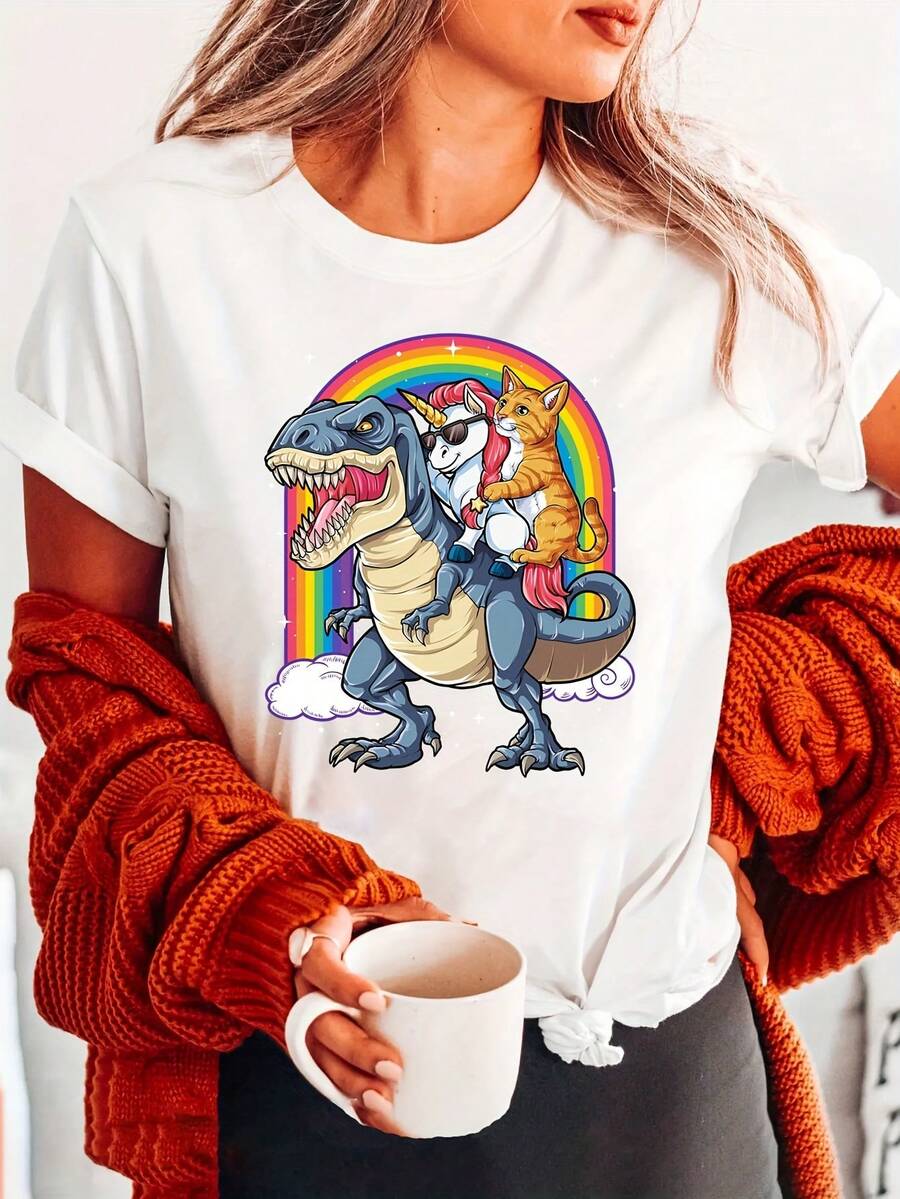 Camiseta con Estampado de Letras de Moda con Diseño de Gato Unicornio Montando un Dinosaurio, Manga Corta, Cuello Redondo, Top Casual para Verano y Primavera, Ropa de Mujer - Blanco - Ver 1