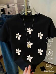 180g Made In Mexico, Spring/Summer 2026 Fashion Short Sleeve T-Shirt, Cartoon Print, Couple Style, Underwear/Outerwear, Casual Round Neck For Office, Unisex One Piece Top - 黑色 - 查看 1