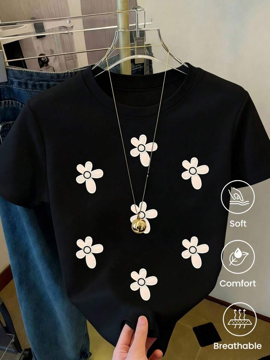 180g Made In Mexico, Spring/Summer 2026 Fashion Short Sleeve T-Shirt, Cartoon Print, Couple Style, Underwear/Outerwear, Casual Round Neck For Office, Unisex One Piece Top - 黑色 - 查看 1