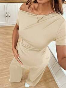2 piezas Conjunto de top asimétrico y pantalones de unicolor casual de maternidad, verano - Beis - Ver 7