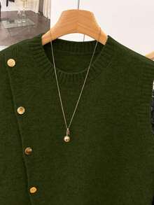 1 pieza Chaleco sin mangas de punto de unicolor con cuello redondo corto, diseño asimétrico con botones, accesorio de moda, chaleco versátil de punto para el verano - Verde - Ver 4