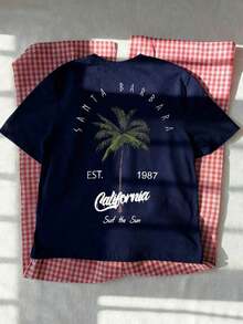 Compatible With Women's Holiday-Style Short-Sleeved T-Shirts, With Round Neck, Palm Tree Print And Lettering, In White, Pink And Black For Summer. - Navy Blue - View 6