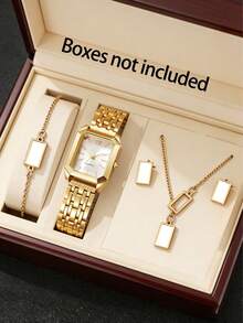 One Teen Quartz Watch With Alloy Strap Paired With A 4-Piece Square-Themed Accessory Set, Suitable For Daily Wear And Holiday Parties. - White - View 1