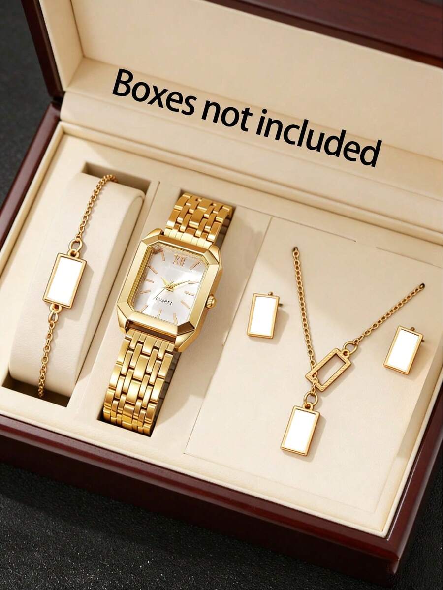 One Teen Quartz Watch With Alloy Strap Paired With A 4-Piece Square-Themed Accessory Set, Suitable For Daily Wear And Holiday Parties. - White - View 1