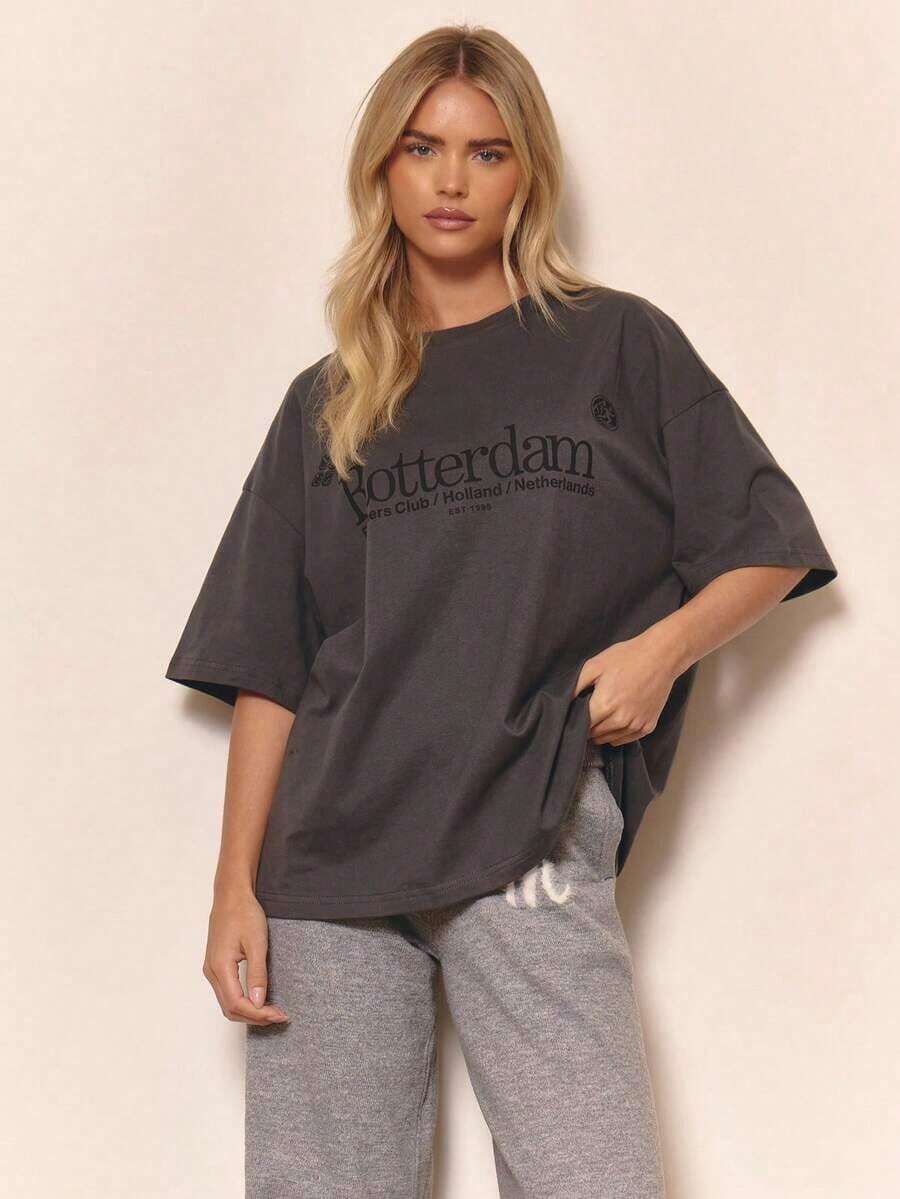 Camiseta de cuello redondo suave y oversize, casual, linda, holgada, cómoda, de uso urbano, elegante para primavera y verano, ideal para vacaciones - Gris Oscuro 2 - Ver 1
