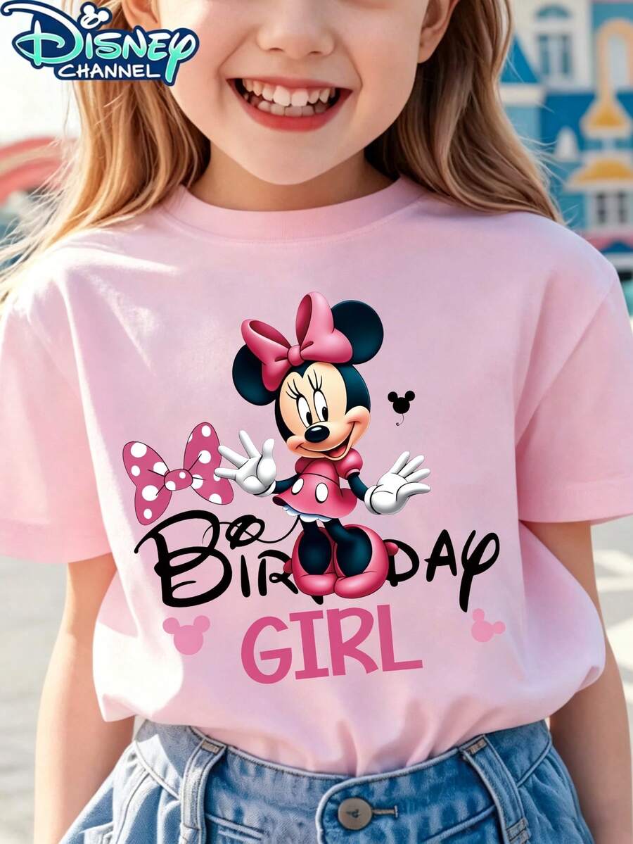 Disney Minnie Mouse Birthday Girl  Print T-Shirt, Designed Specifically For Girls – Premium Children's Wear, Short Sleeve Casual Style, Adorable Design, Suitable For All Seasons, Ideal For Parties And Everyday Play. Features Machine Washable Design, Perfect As A Gift, The Top Choice For Girls' Short Sleeve Tops. - 粉色 - 查看 1