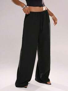Women's Solid Color Casual Everyday Pants With Drawstring Waist - Black - View 6