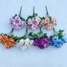 Ramo de colores de primavera: rosas y lirios mixtos de 9 varillas con rosas - Flores de corte fresco para decoración del hogar, boda, aniversario, regalo-G JDI2 - Naranja - Ver 3