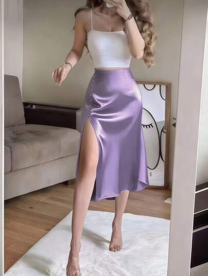 Falda de satén de lavanda con abertura alta y botones, falda elegante francesa de corte evasé