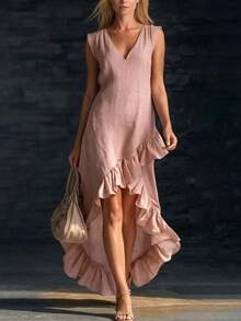New Romantic Sleeveless V-Neck Ruffled Cotton And Hemp Dress For Spring And Autumn 2026 - Pink - View 1