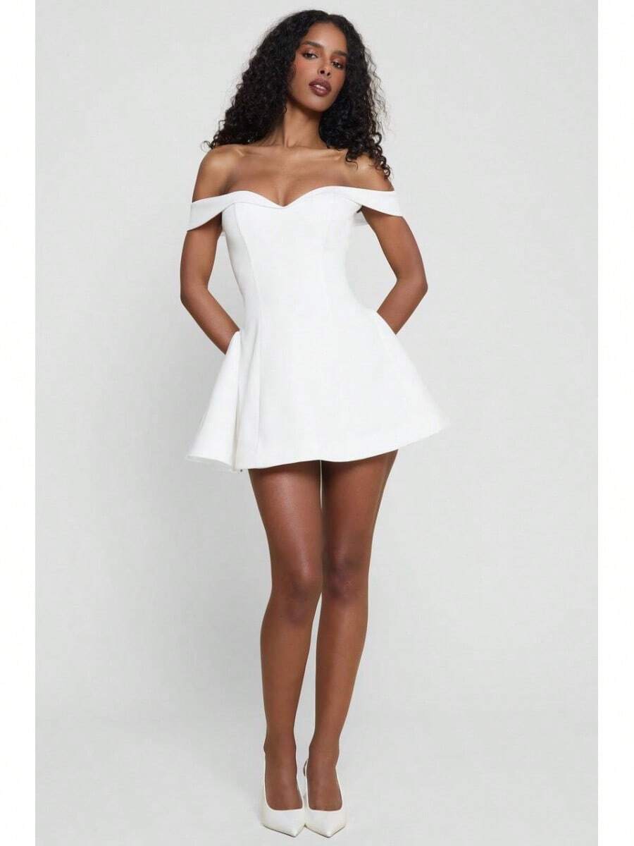 Women Off Shoulder Sweetheart Neck A-Line Dress Elegant Party Cocktail Dress - White - View 1
