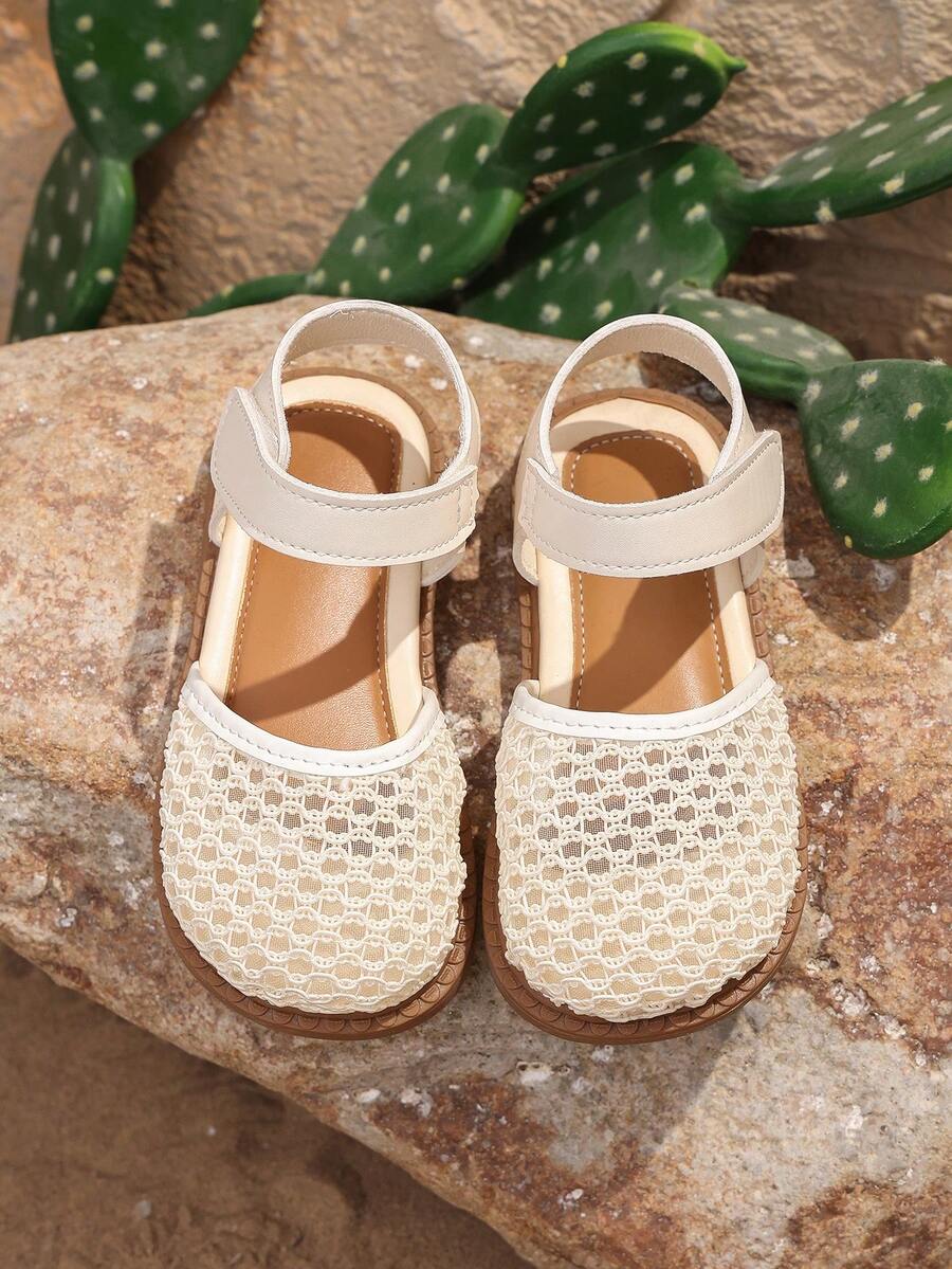1双儿童夏季编织包头凉鞋，米色乡村风格女童野餐凉鞋，简约百搭，适合度假、户外活动、聚会、日常穿着 - 米色 - 查看 1