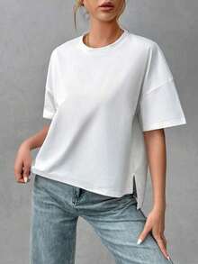 Camiseta holgada de estilo minimalista casual para mujer, con parte delantera corta y parte trasera larga, versátil para usar en la calle, adecuada para primavera y verano - Blanco 3 - Ver 7