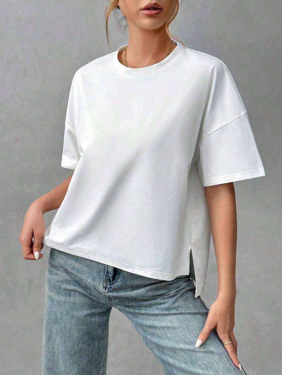 Camiseta holgada de estilo minimalista casual para mujer, con parte delantera corta y parte trasera larga, versátil para usar en la calle, adecuada para primavera y verano - Blanco - Ver 1