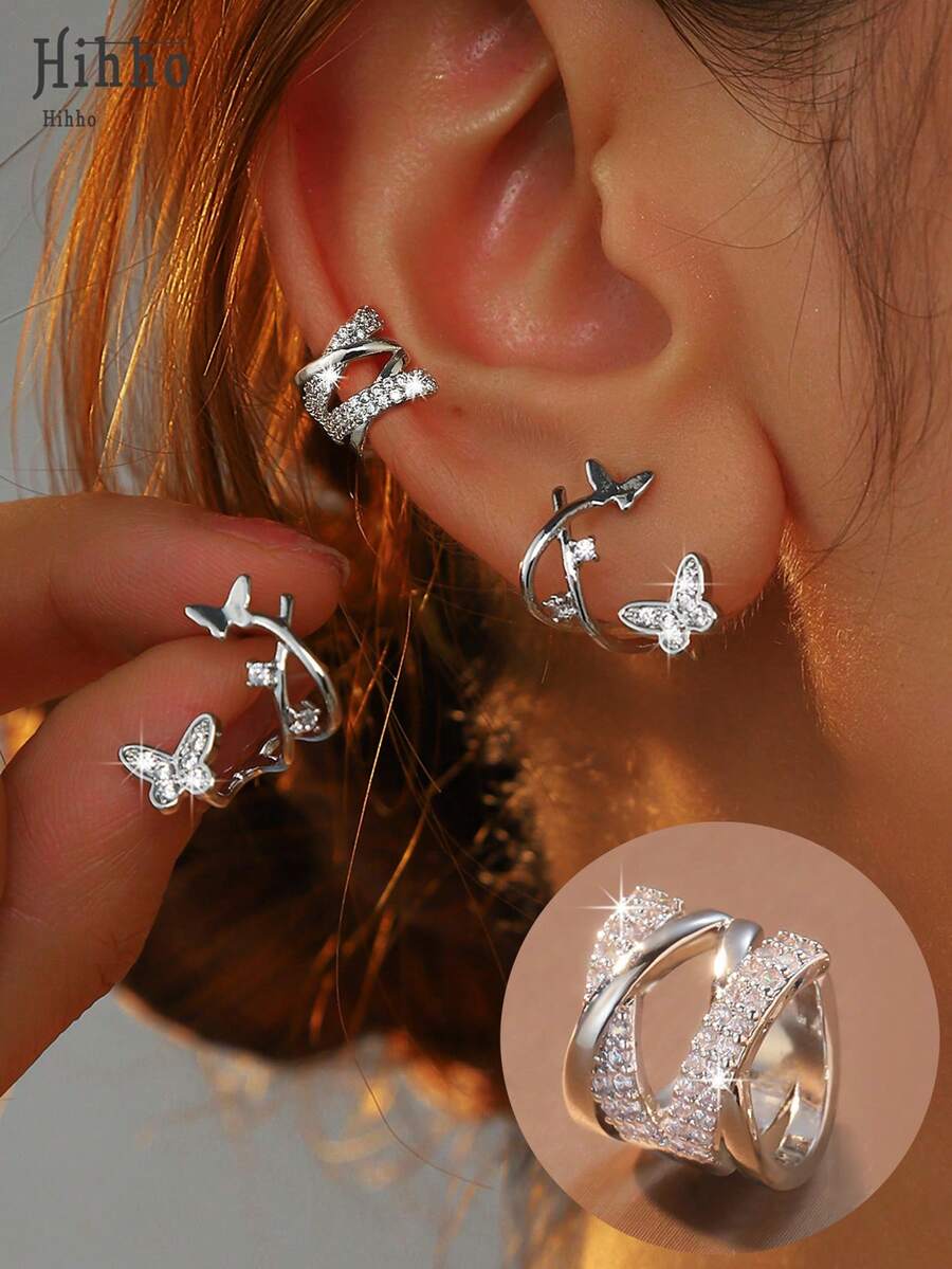 Hihho Set de 3 piezas de aretes de mariposa + clips en forma de X, aretes de circonita cúbica brillante y mariposa de estilo único y creativo, regalo para niñas - Juego de pendientes - Ver 1
