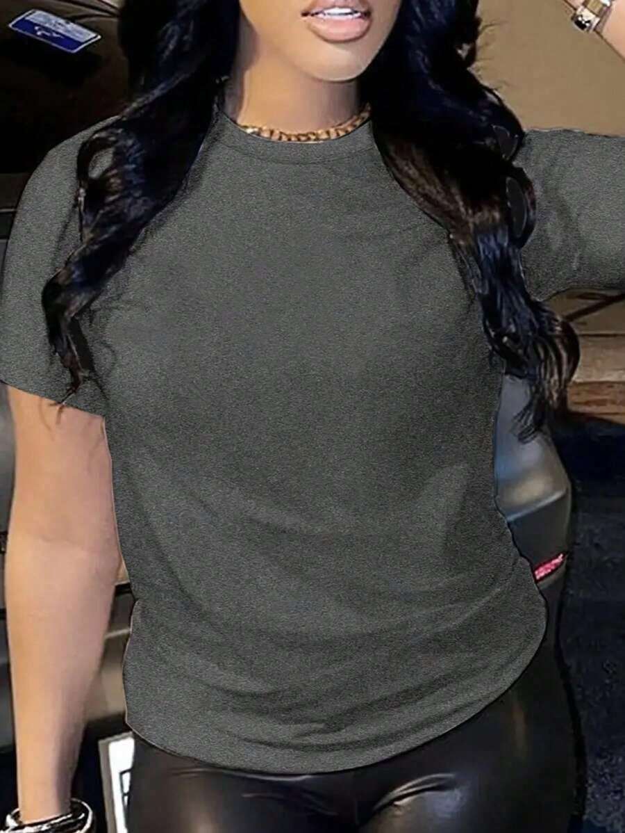 de verano para mujer de unicolor con cuello redondo sencillo y mangas cortas, para uso diario - Gris Oscuro - Ver 1