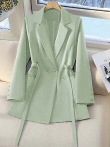 Chaqueta de traje de mujer con doble botonadura y cordones en color marrón, abrigo delgado y de longitud media para ir al trabajo, tela suave y elegante, prenda exterior casual elegante para mujeres de 25 a 45 años en primavera - Verde Claro - Ver 3