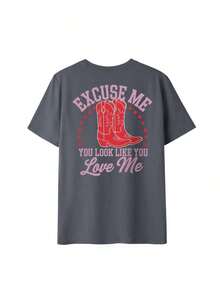 Women's Short-Sleeved T-Shirt With A Round Neck And Custom Print Of Red Summer Boots, Western Style. Casual Women's T-Shirt With Pink Print, 100% Cotton. - 深灰色 2 - 查看 3