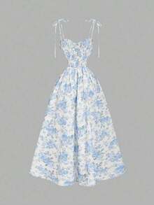 Vestido de largo medio con estampado floral y nudo delantero, para primavera/verano - Celeste - Ver 2