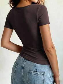 Women's Summer Slim Fit Solid Color Casual Short Sleeve Camisole, Brown - Brown - View 2