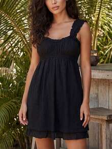 Cute  Casual    Lace    Backless  Ruffle    Y2k Summer Babydoll Dress  Beach  Travel  Daily  Dating  Vacation    Summer Sundress - 黑色 - 查看 7