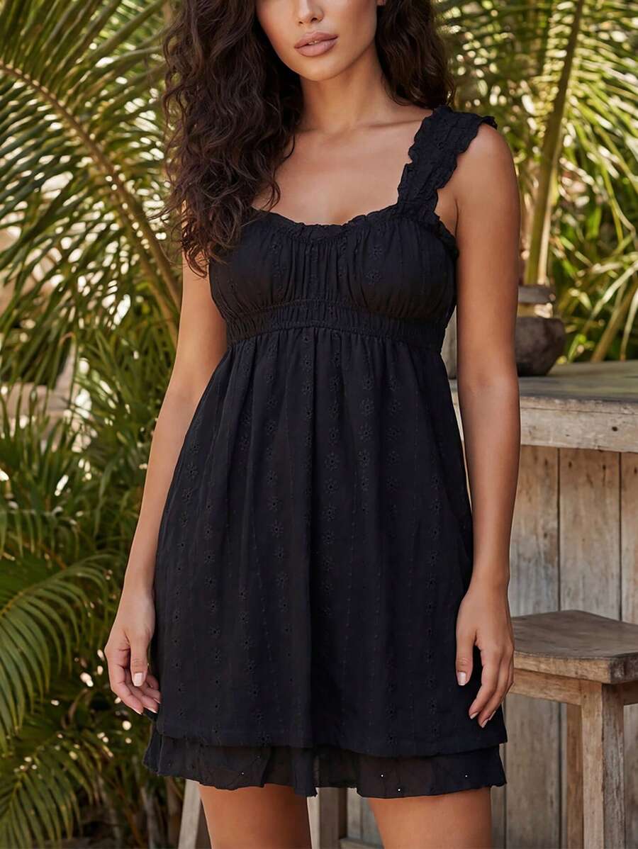 Cute  Casual    Lace    Backless  Ruffle    Y2k Summer Babydoll Dress  Beach  Travel  Daily  Dating  Vacation    Summer Sundress - màu đen - Xem 1
