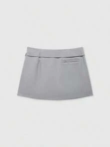 Falda pantalón negra de unicolor minimalista para uso casual, oficina y viajes, con hebilla y cinturón, para verano - Gris Claro - Ver 2