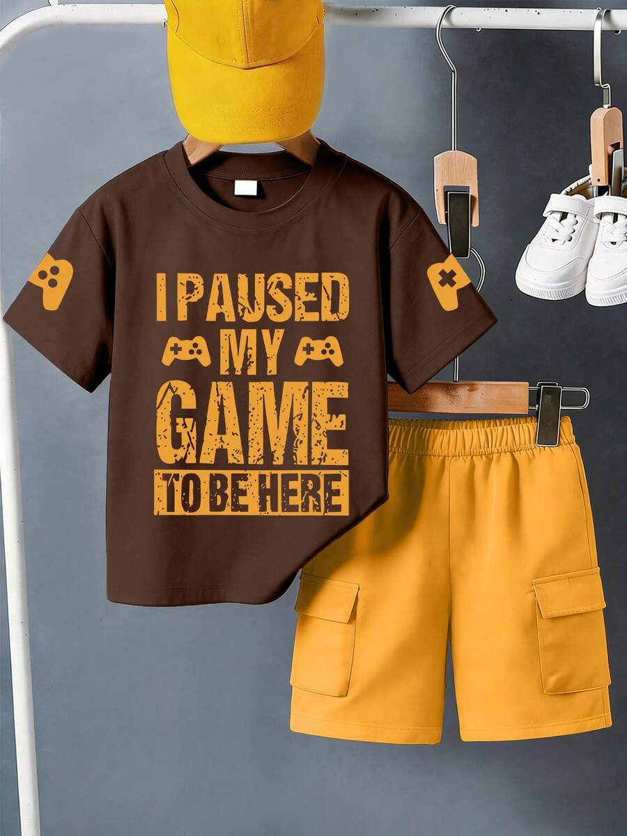 2pcs Boys' Summer Casual Set, Short Sleeve T-Shirt And Shorts, Funny English Letter Print, Suitable For Summer Wear - Brown - View 1