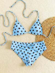 Nuevo conjunto de bikini con estampado de lunares sexy, espalda descubierta y lazo, con tirantes de espagueti para playa y piscina en vacaciones - Celeste - Ver 2