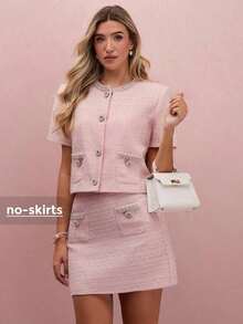 Chaqueta elegante de mujer con adornos de perlas y mangas cortas, para verano - Rosa - Ver 2