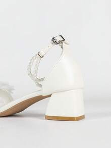 Giày sandal nữ đế dày quai ren hoa 3D đính ngọc trai giả, kiểu dáng ngọt ngào, màu trắng, mũi tròn, buộc dây, gót dày, thích hợp cho mùa hè. - trắng - Xem 9