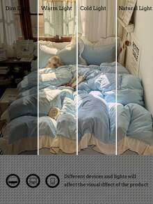 淺藍色女孩風黑色滾邊白色荷葉邊柔軟舒適被套3件組 (1*被套 + 2*枕套，不含填充物)，適用於臥室 & 客房，可機洗，四季通用 - 淺藍色 - 查看 6