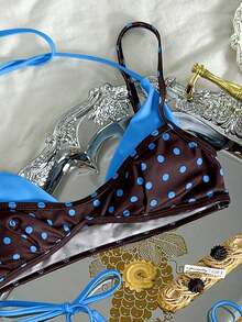 Bikini de mujer con estampado de lunares y rayas retro, casual y elegante para vacaciones, festivales de música, carreras de caballos, Kentucky Derby - Marrón - Ver 5