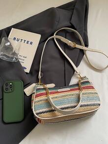 New Fashionable & Elegant Multi-Color Striped Pattern Underarm Bag With Metal Chain Handle, Women's Shoulder Bag - Multicolor - View 10