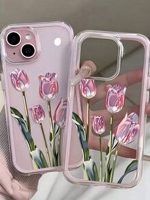 Fashionable Luxury Glossy Tulip Pattern Contrast Color Shockproof Cute Phone Case, Minimalist Transparent Cover Perfectly Fits Daily Use, Compatible With IPhone 16/16 Pro/16 Pro Max/16 Plus/15/15 Plus/15 Pro/15 Pro Max/17/17 Pro/17 Pro Max/12/13 Mini/ 13/13 Pro Max/11/11 Pro Max/12 Pro Max Transparent Soft Shell, Exquisite Gift For Friends, Classmates, Lovers Or Self-Use - Pink - View 1
